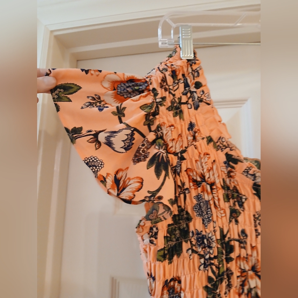 Chelsea28 Orange Ruffle Smocked Floral pull on Mini Dress Size Small EUC - Picture 4 of 8